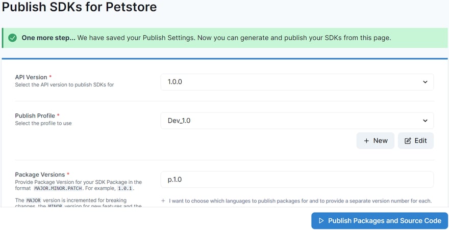 Form displaying API Version, Publish Profile, and  Package Versions with a Publish Packages and Source Code button 