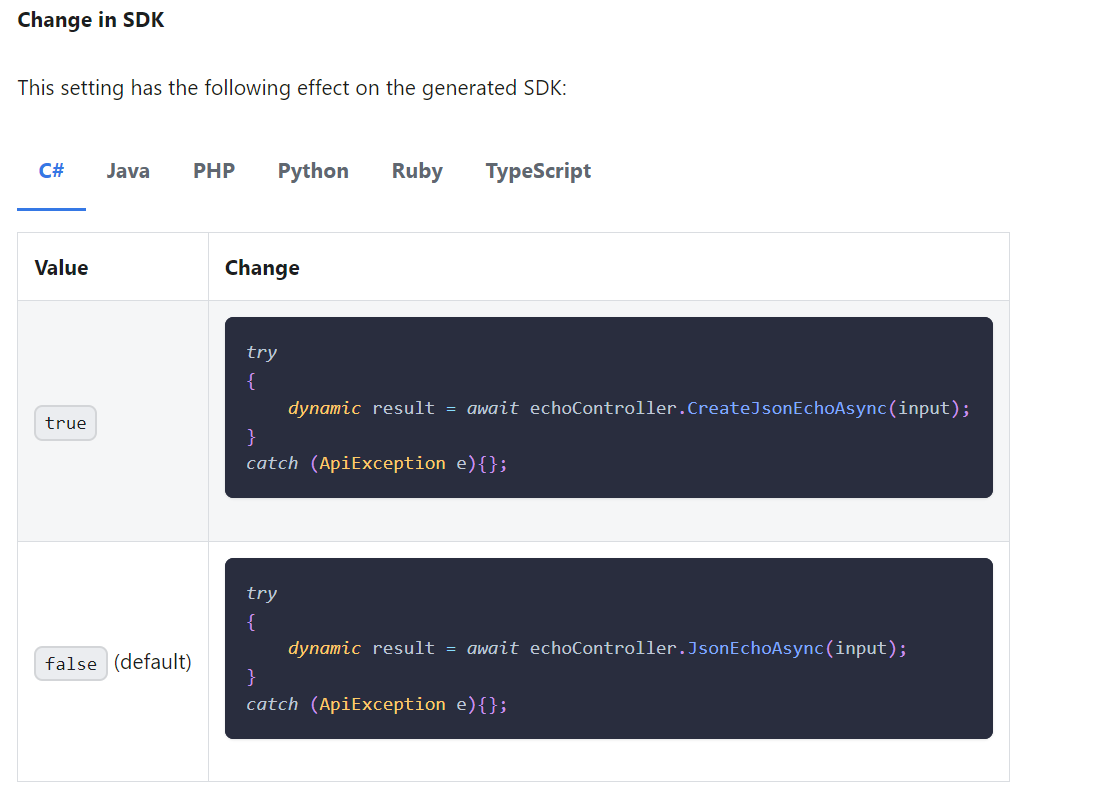 change in sdk section in the new codegen settings docs