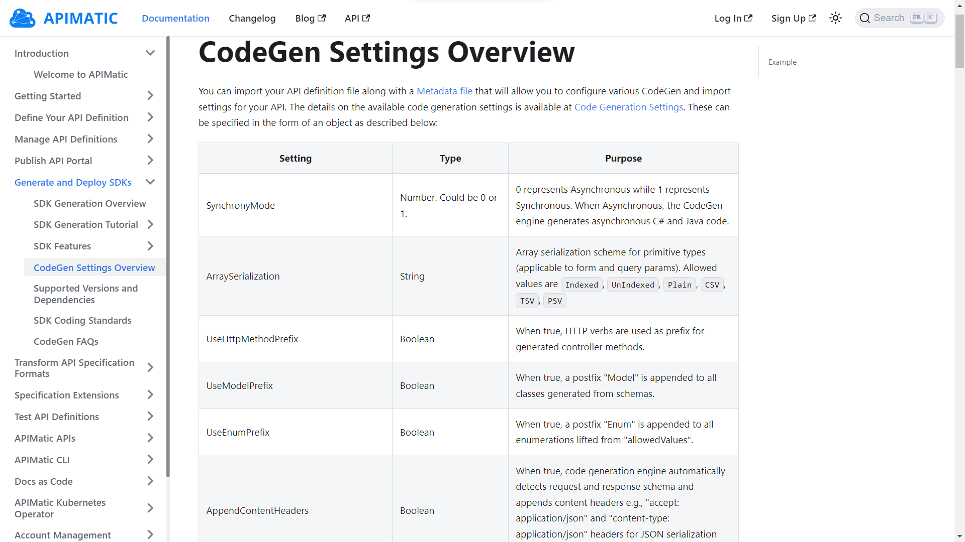 APIMatic CodeGen settings before the improvements
