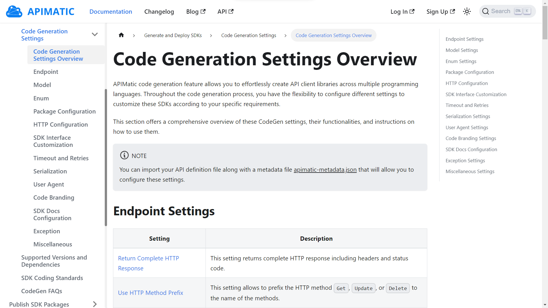 APIMatic codegen settings after improvements