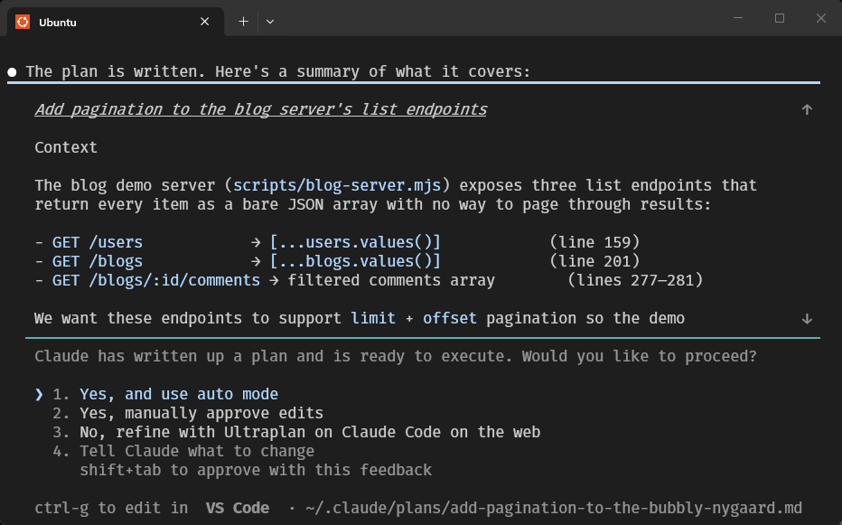 Claude Code instance returns a plan file after planning.