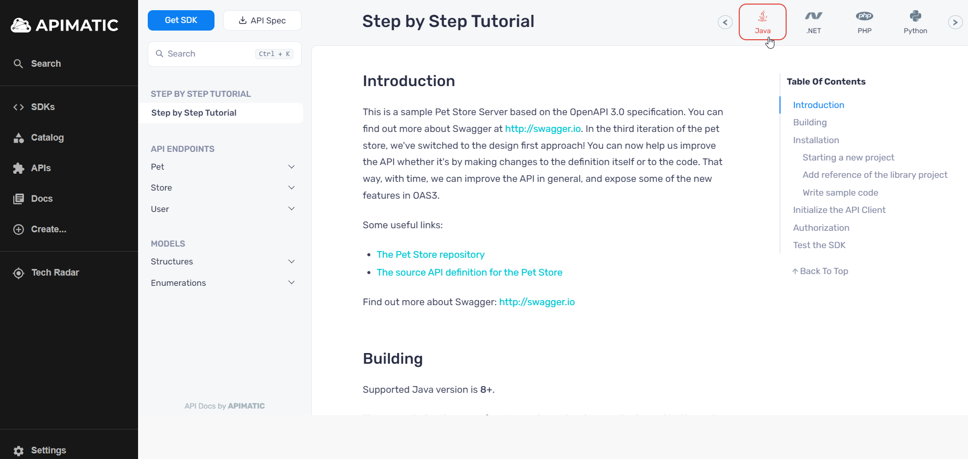 APIMatic SDKs embedded in Backstage developer portal