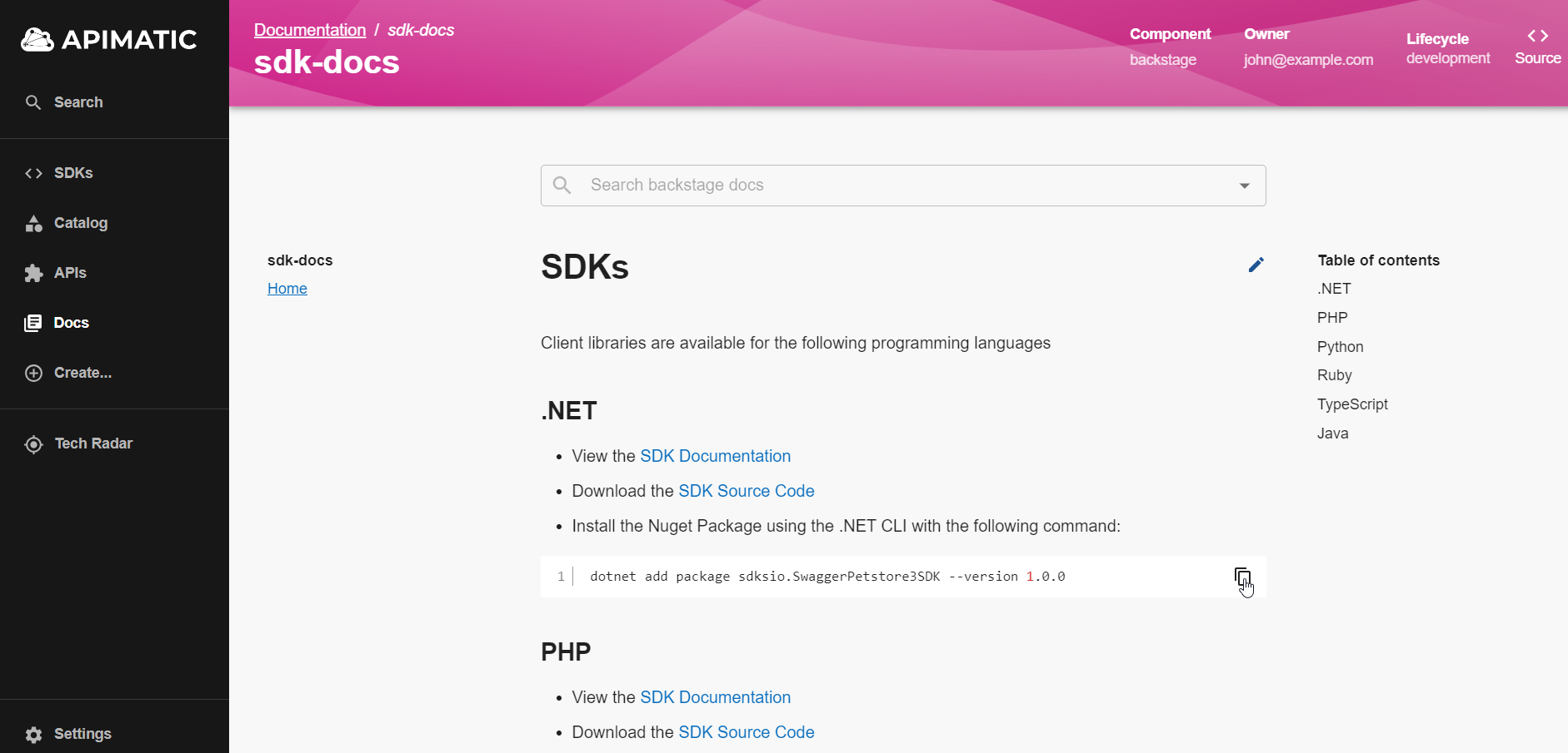 Custom SDK page in backstage developer portal