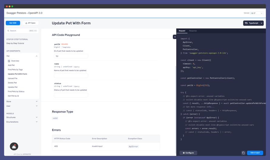 APIMatic DX Portal for Swagger Petstore API