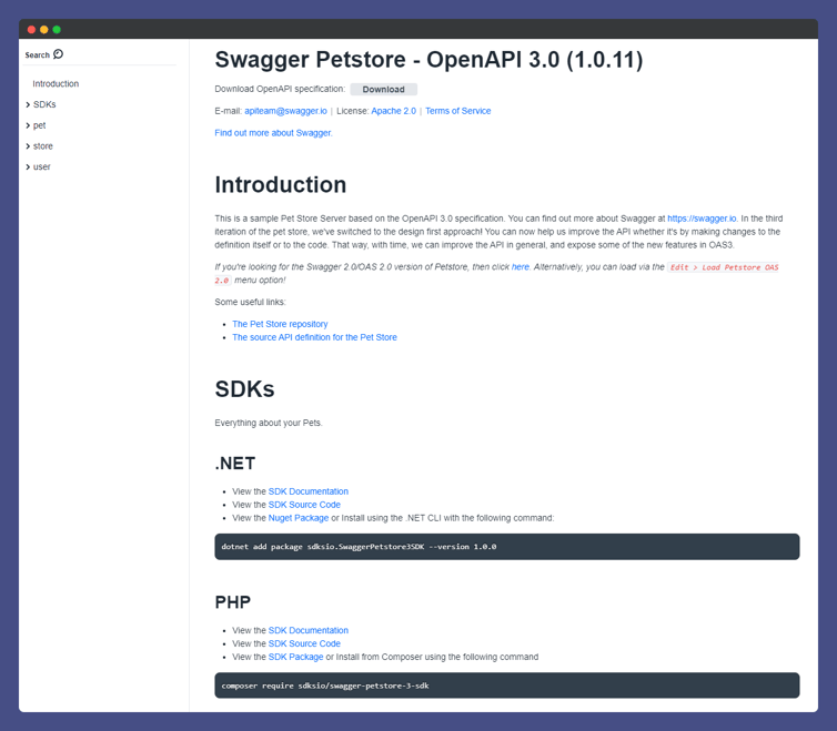 APIMatic SDKs integrated inside Redoc API docs for Swagger Petstore API