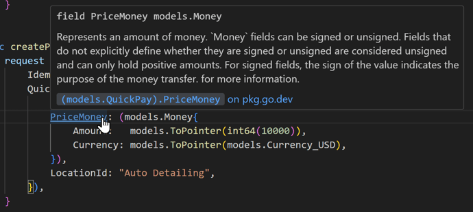 VS Code showing documentation for types
