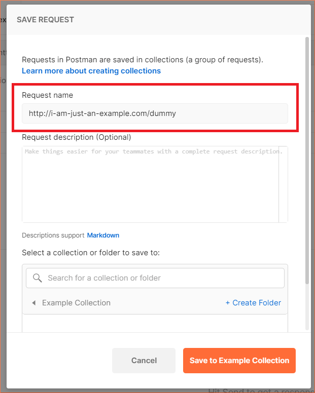 The dialog box that appears if you try to save your request in Postman