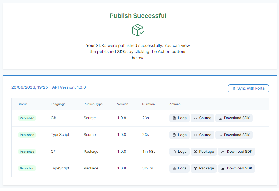 Successfully published SDKs with action options to view logs, source code, and download SDK