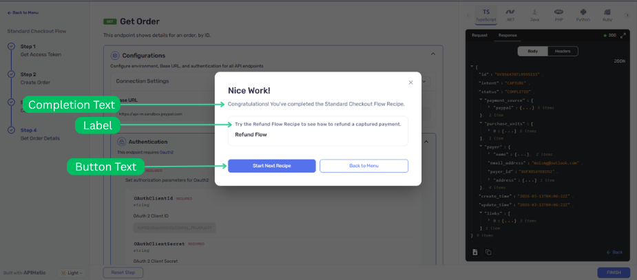 Recipe customizable completion modal UI